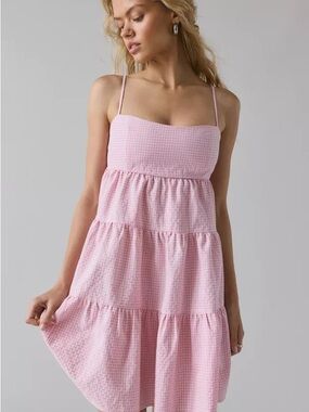 Urban Outfitters Kimchi Blue Zosia Babydoll Pink Gingham Tiered Mini Dress